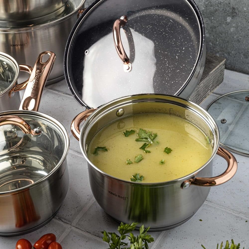 Kinghoff Topfset Induktion, Kochtopf Set mit Glasdeckel, Kochgeschirr aus Edelstahl aussen mattiert,