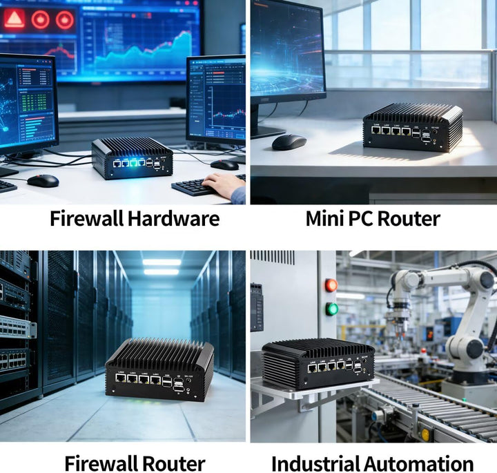 Lüfterlos Mini PC N150 Firewall Appliance Industrial Micro Büro, 4 x 2.5Gbit LAN + 2 RS232 Com, 8GB
