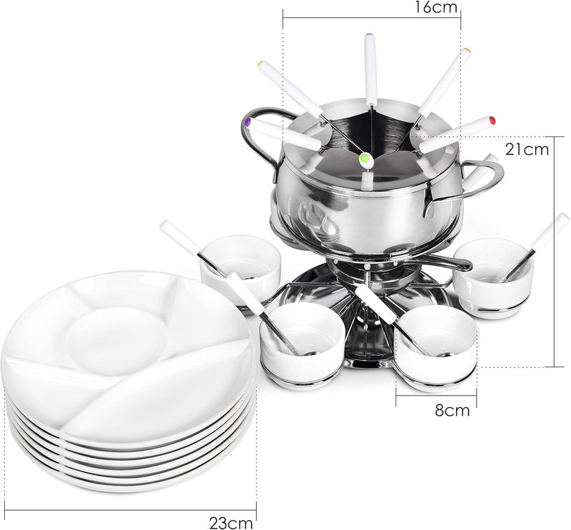 Ribelli Fondue Set 28-teilig Edelstahl 6X Gabel, Löffel, Teller, Schälchen Käsefondue Fleischfondue