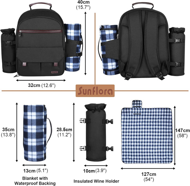 Sunflora Picknick Rucksack Set 2 Personen mit Isoliertem Kühlung und Decke, Picknickkorb 2 Personen