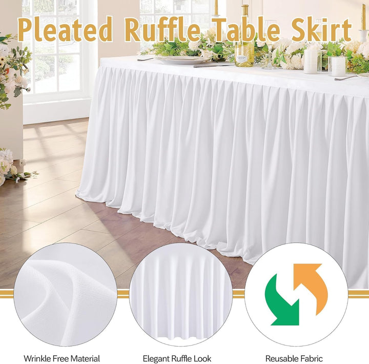 NSSONBEN 275cm White Polyester Table Skirts for Rectangle Tables, Wrinkle Free Ruffle Pleats Cloth T