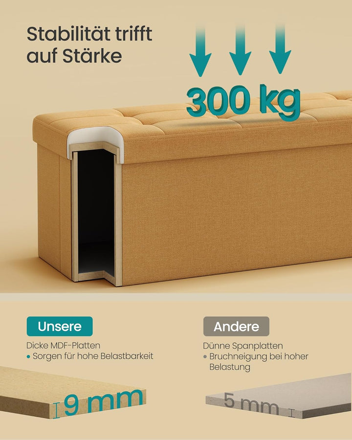 SONGMICS Sitzhocker mit Stauraum, klappbare Sitzbank, 38 x 110 x 38 cm Fussbank, Aufbewahrungsbox, b