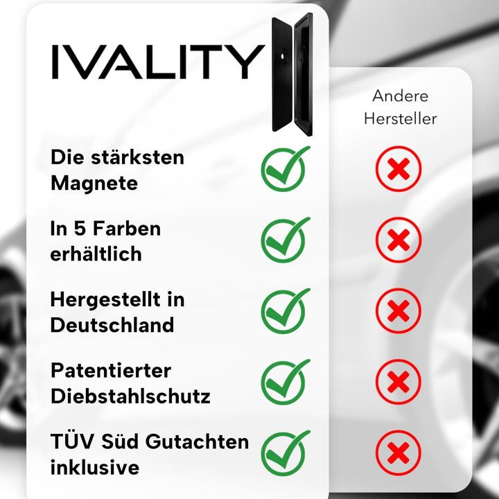 IVALITY® Magnet Kennzeichenhalter Rahmenlos für 2 Kennzeichen | Magnetische Nummernschildhalterung A
