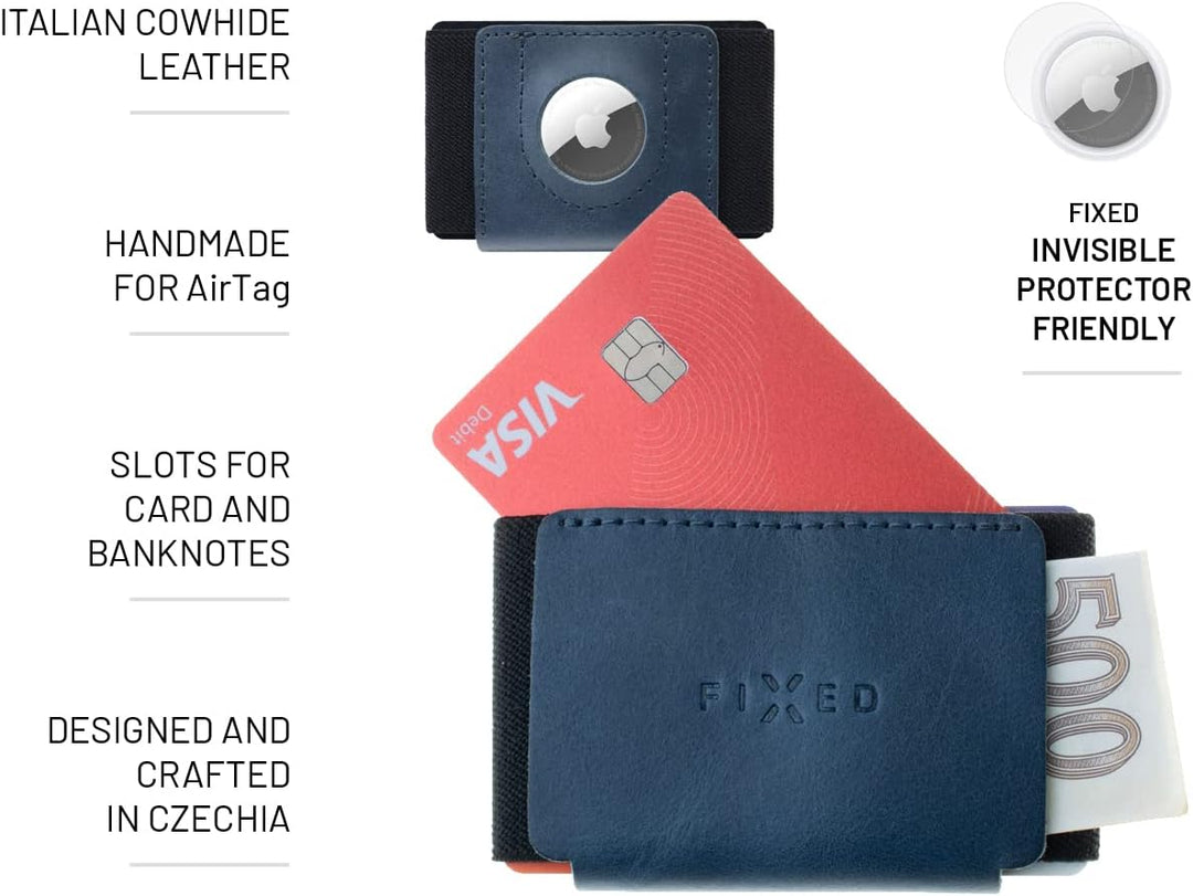 FIXED Smart Wallet für AirTag | Ledergeldbörse | Handgenäht in Tschechien (Tiny, Blau) Tiny Blau, Ti