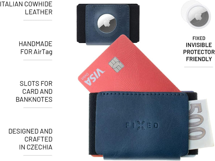 FIXED Smart Wallet für AirTag | Ledergeldbörse | Handgenäht in Tschechien (Tiny, Blau) Tiny Blau, Ti