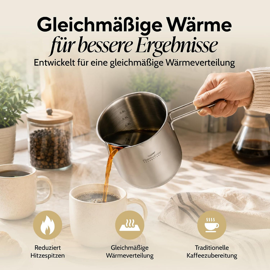 ROSMARINO Edelstahl-Induktions-Mokka-Kanne 1225 ml - model - 2025 - Moderne Türkische Cezve-Kaffeeka