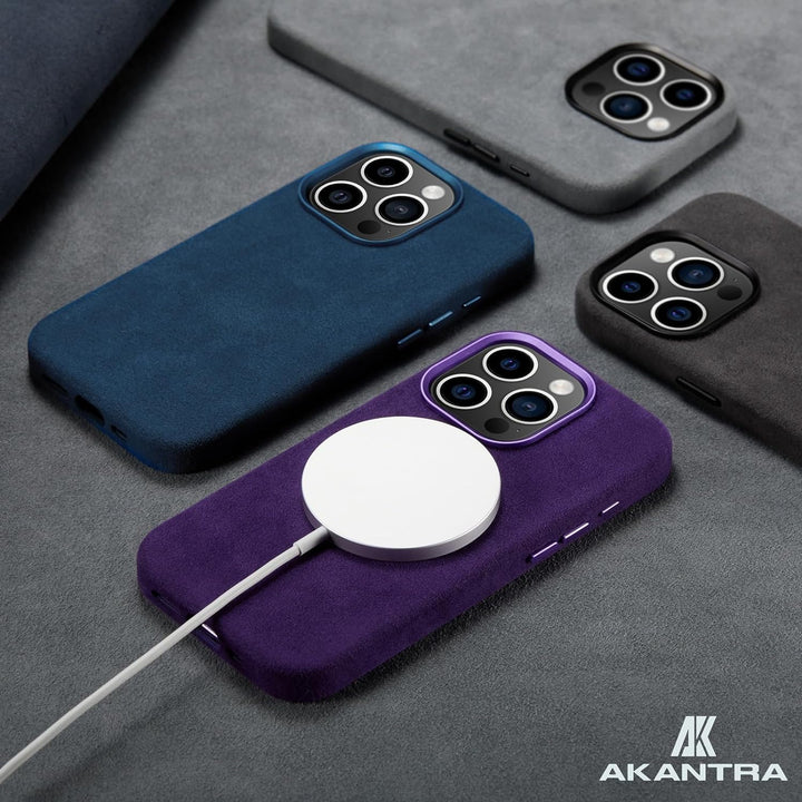 AKANTRA Alcantara Hülle für Apple iPhone 15 Pro, handgefertigt, vollständig umwickelt, synthetisches