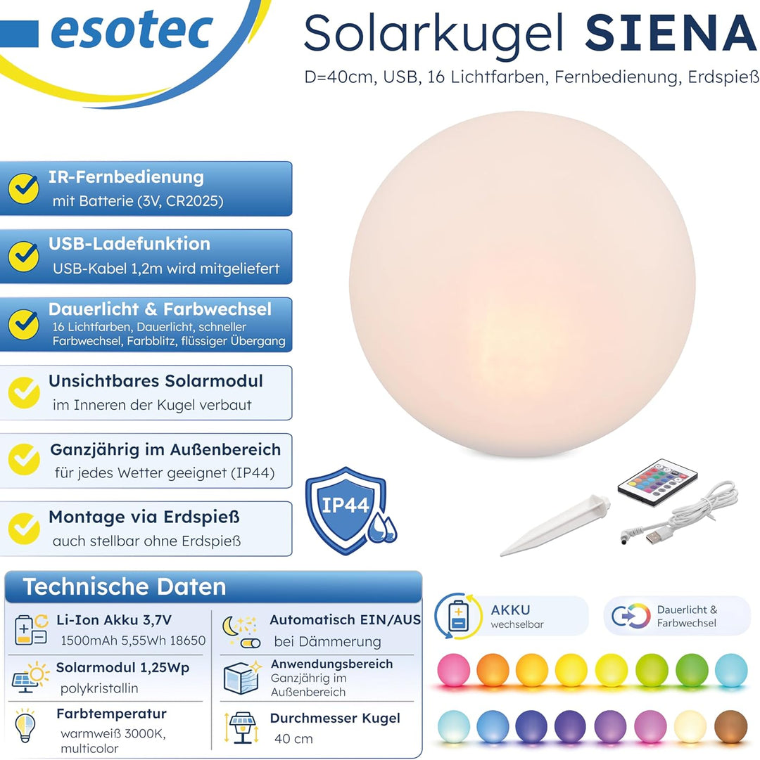 Esotec Solarkugel für den Garten Siena 40, Multicolor, 40cm, Fernbedienung, USB, 16 Leuchtfarben, Ak