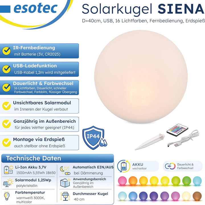 Esotec Solarkugel für den Garten Siena 40, Multicolor, 40cm, Fernbedienung, USB, 16 Leuchtfarben, Ak