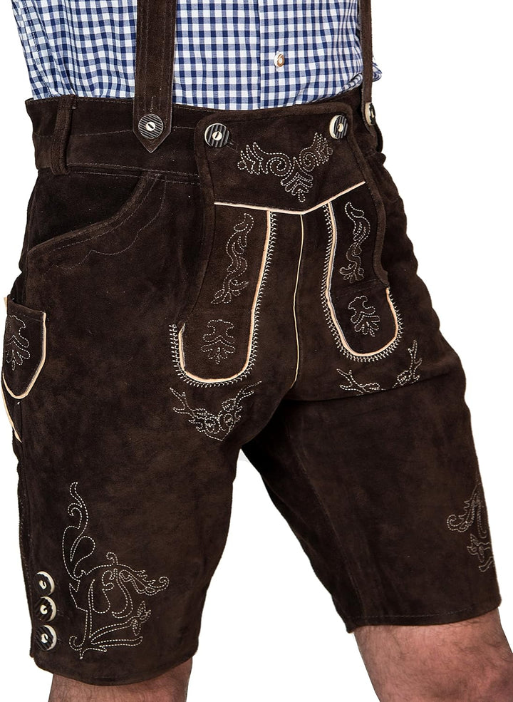 Bayerische Herren Trachten Lederhose kurz, Elegante Trachtenlederhose mit Trägern, original in Dunke
