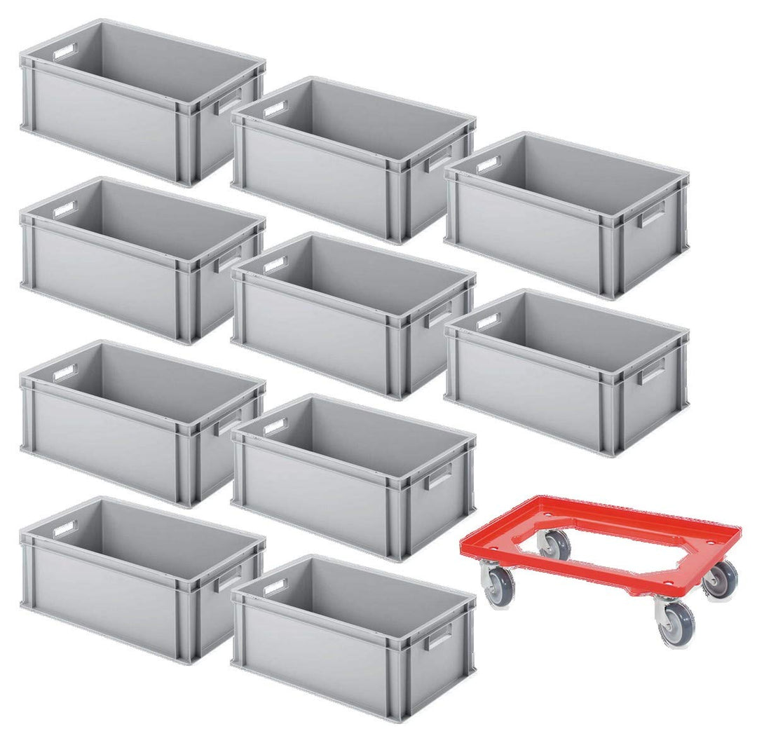 10er SPAR-Set Euro-Behälter PLUS GRATIS Transportroller, 600x400x220 mm Industriequalität lebensmitt