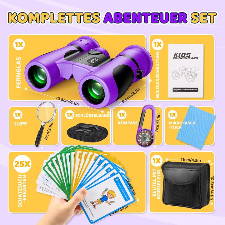 GeschenPark Fernglas Abenteuer Set mit Entdeckungskarten – Kompass – Lupe, Violett 8X-Violett, 8X-Vi