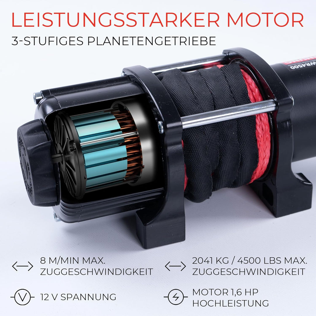 ROTFUCHS Elektrische Seilwinde 12 Volt - 4500 lbs Motorwinde Seilzug, mit Montagehalterung und Fernb