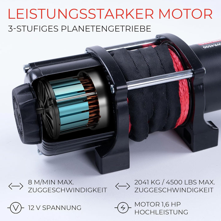ROTFUCHS Elektrische Seilwinde 12 Volt - 4500 lbs Motorwinde Seilzug, mit Montagehalterung und Fernb