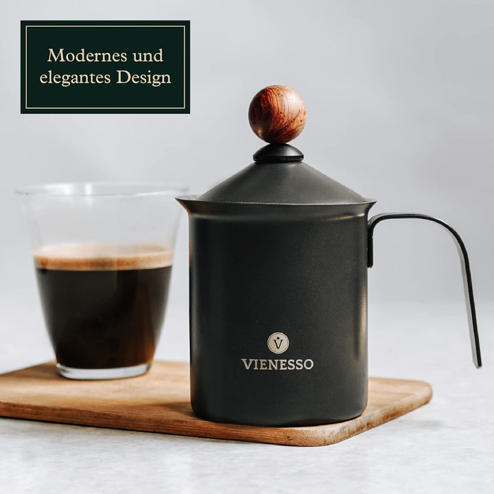 VIENESSO Milchaufschäumer (Manuell/Hand) aus Edelstahl - Milk Frother/Milchschäumer mit Doppelsieb: