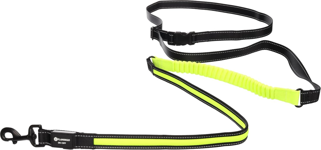 Flamingo Jogginglijn Flitzy – Schwarze/Gelbe Hundeleine, Verstellbar 105-175 cm, Stossdämpfend, Fluo