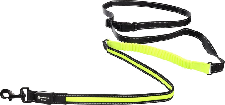 Flamingo Jogginglijn Flitzy – Schwarze/Gelbe Hundeleine, Verstellbar 105-175 cm, Stossdämpfend, Fluo