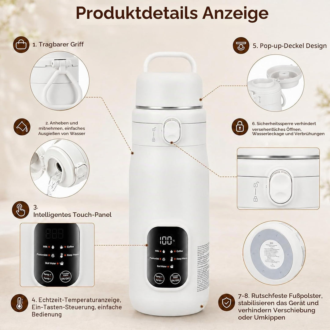 Reisewasserkocher 500ml mit 5 Temperaturen, Mini Wasserkocher 316L Edelstahl, USB/AC/12V Netzbetrieb