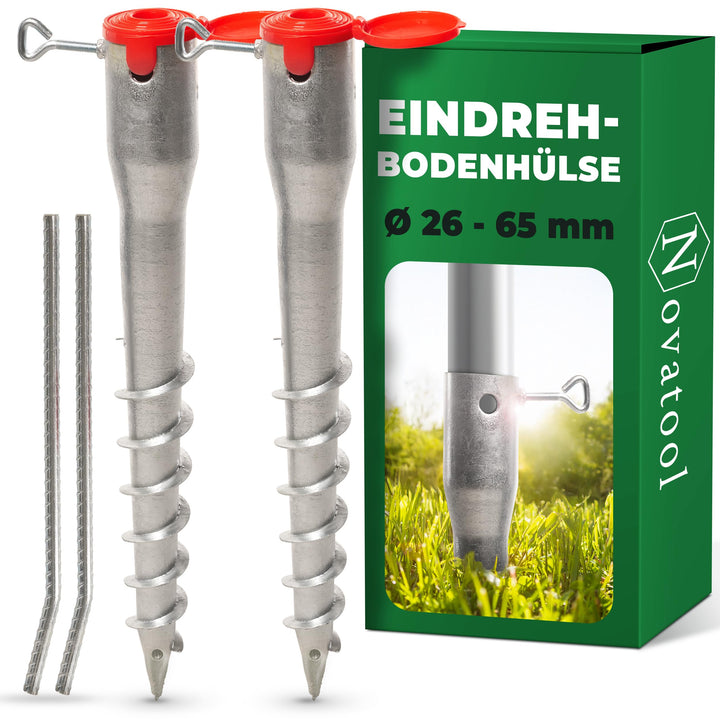 Novatool 2x Eindrehbodenhülsen-Set für Rohre mit Ø 26-65 mm, Bodenhülse Sonnenschirm Pfostenträger E