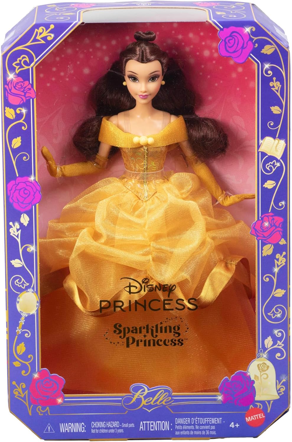 Mattel Disney Princess Glitzerprinzessin Belle-Modepuppe mit Zubehör, mit abnehmbarem Kleid, abnehmb