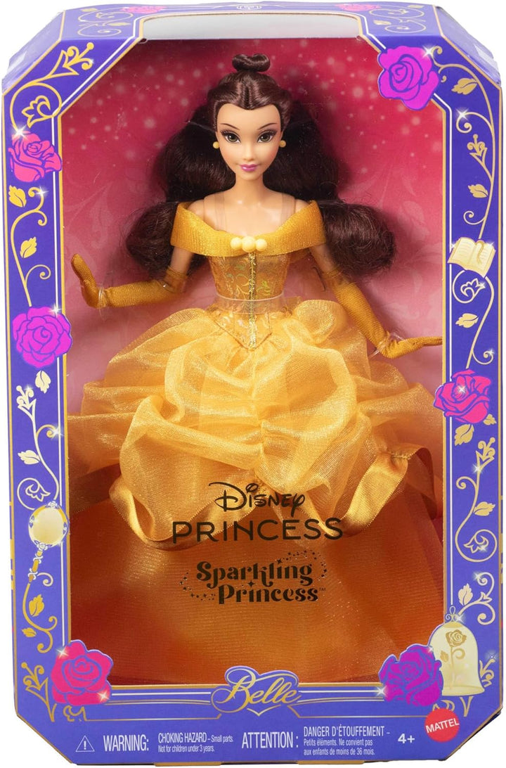 Mattel Disney Princess Glitzerprinzessin Belle-Modepuppe mit Zubehör, mit abnehmbarem Kleid, abnehmb