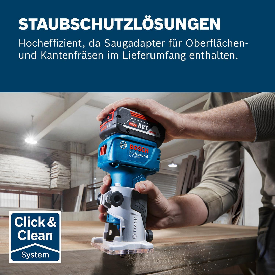 Bosch Professional 18V System Akku-Kantenfräse GLF 18V-8 (inkl. Parallelanschl., Saugadapter Oberflä