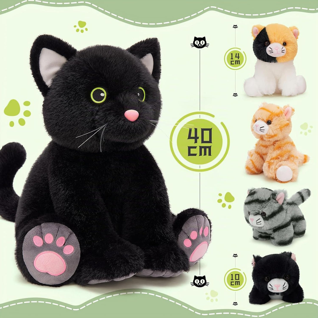 MorisMos 5 stücke Plüsch Katzen, 40cm hoch riesen schwarz Katze Kuscheltier XXL mit Kätzchen Baby im