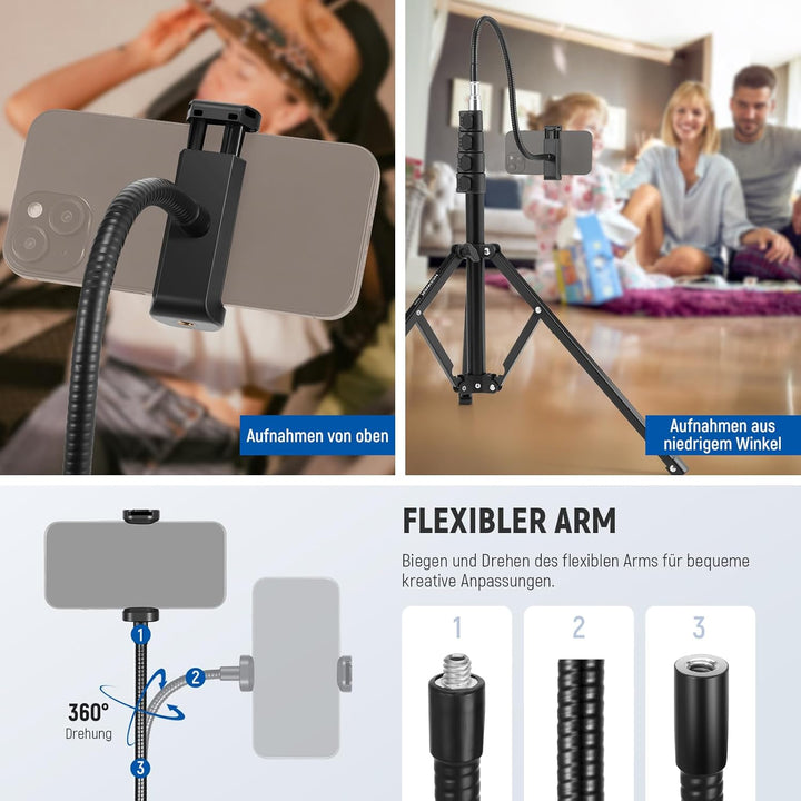 NEEWER 71" Handy Stativ Ständer mit umkehrbaren Beinen, flexiblem Arm, 360° Kugelkopf, Telefonhalter