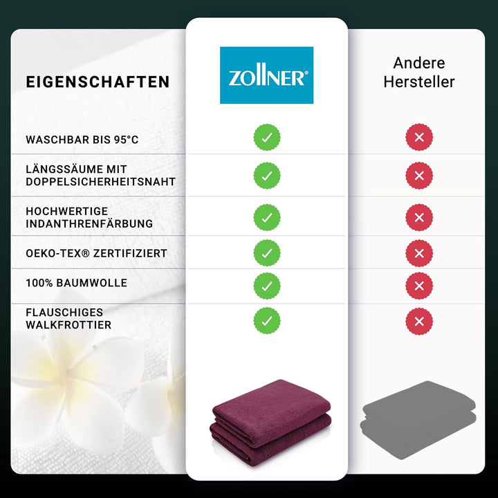 ZOLLNER 2er Set Duschtücher, Handtücher gross, 70x140 cm, Baumwolle, brombeer 2x Duschtücher Brombee