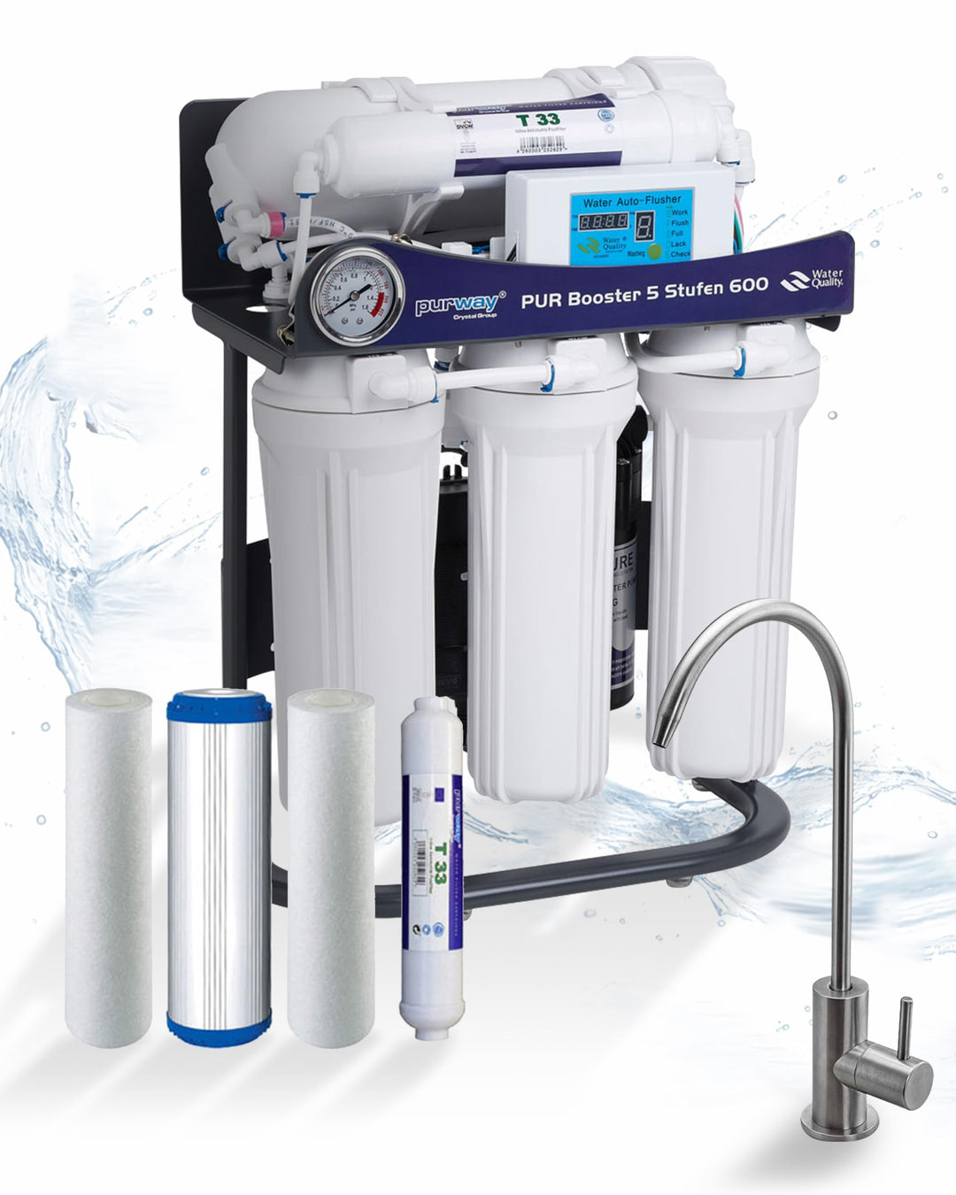 PUR Booster 5 Stufen 600 GPD Direct flow Umkehrosmoseanlage + ERSATZFILTERSET