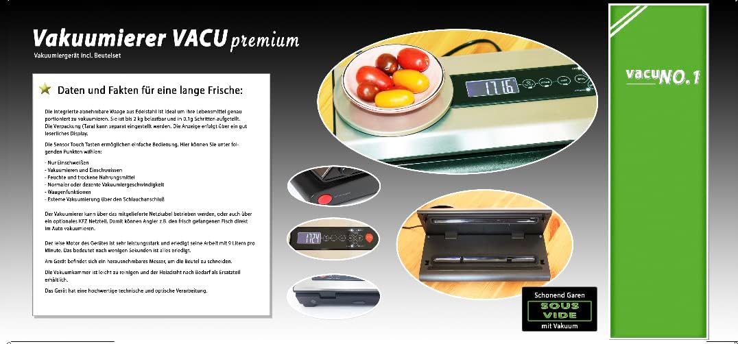Vakuumierer für Lebensmittel VacuNo.1 - VACU Premium mit integrierter digitaler Küchenwaage – Vakuum