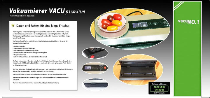 Vakuumierer für Lebensmittel VacuNo.1 - VACU Premium mit integrierter digitaler Küchenwaage – Vakuum