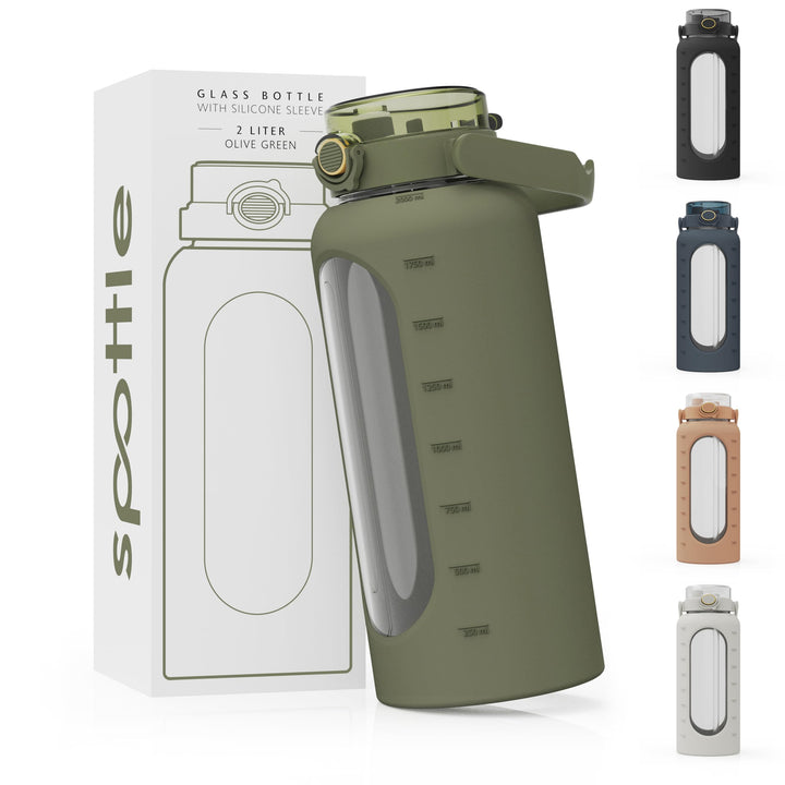 spottle Glasflasche 2 Liter - Trinkflasche 2L Glas mit Strohhalm - Grosse Wasserflasche mit Schutzhü