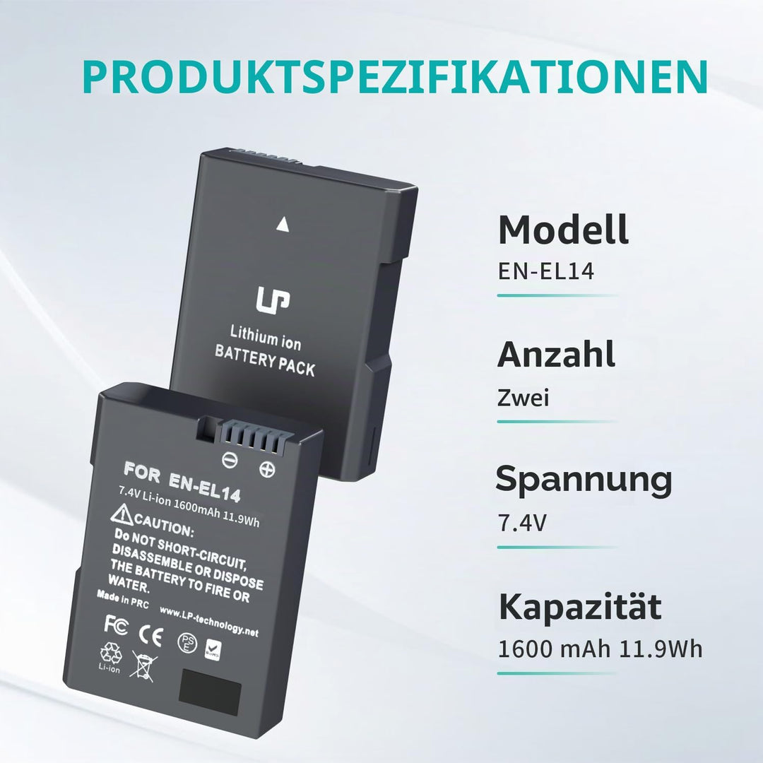 LP EN-EL14 Akku 2 Pack EN EL14a Ersatzakku kompatibel zu D3500, D5600, D3300, D5100, D5500, D3100, D