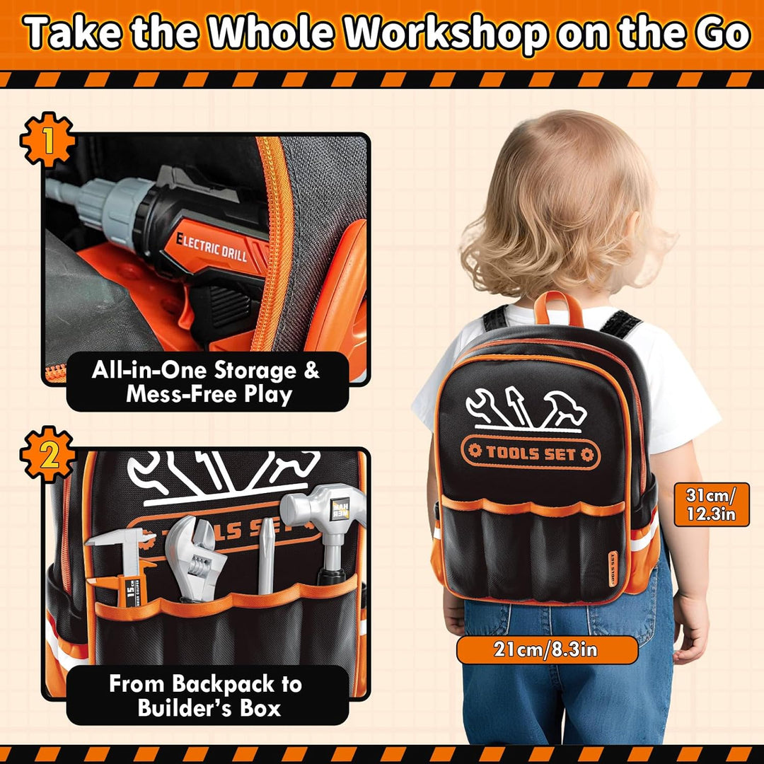 KidBloom Werkzeugkoffer Kinder ab 3 Jahre, 50 Stück Geschenk Junge 3 Jahre mit Rucksack, Werkzeug Ki