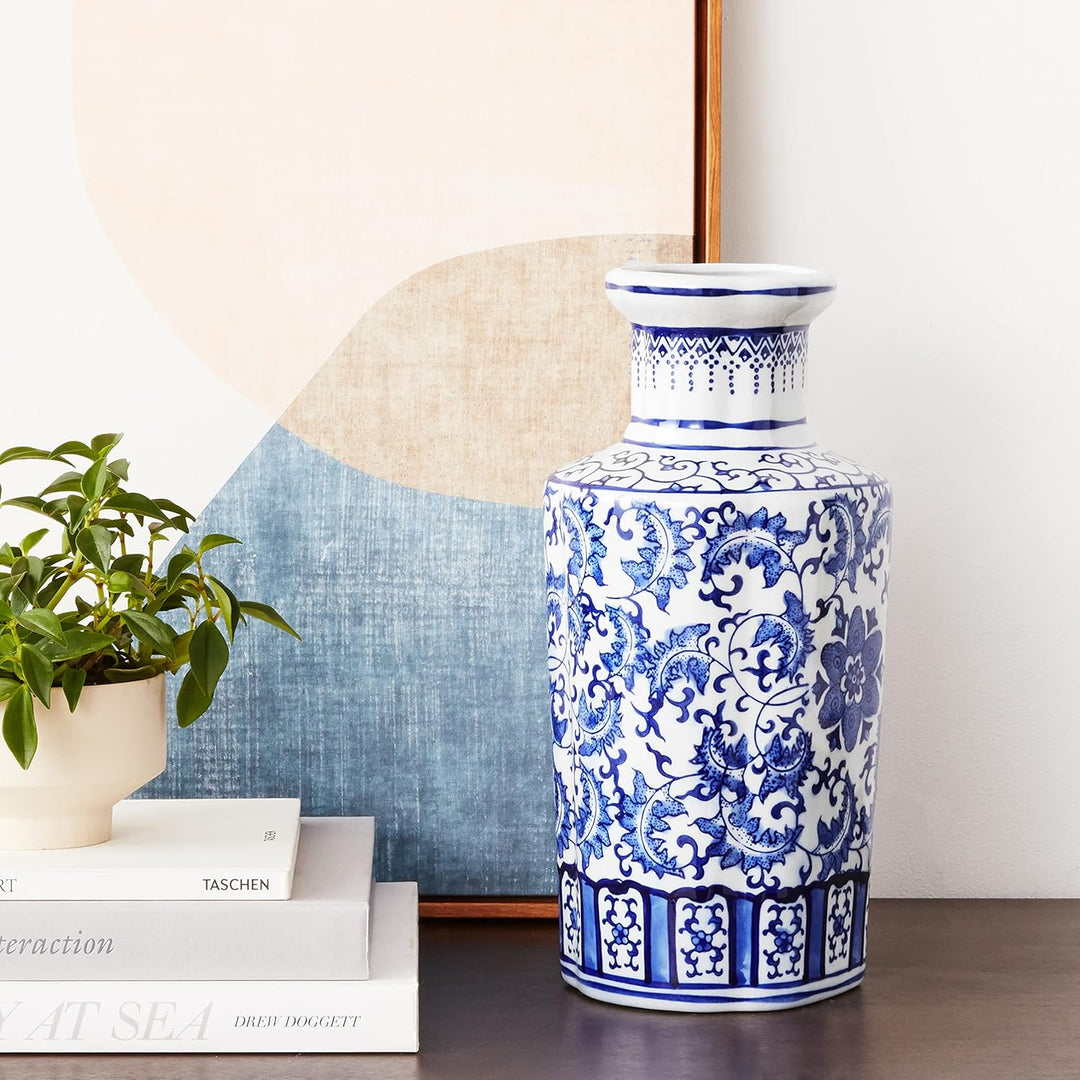 Oriental Furniture 12" Floral Blue & White Porcelain Vase Weiss, Weiss