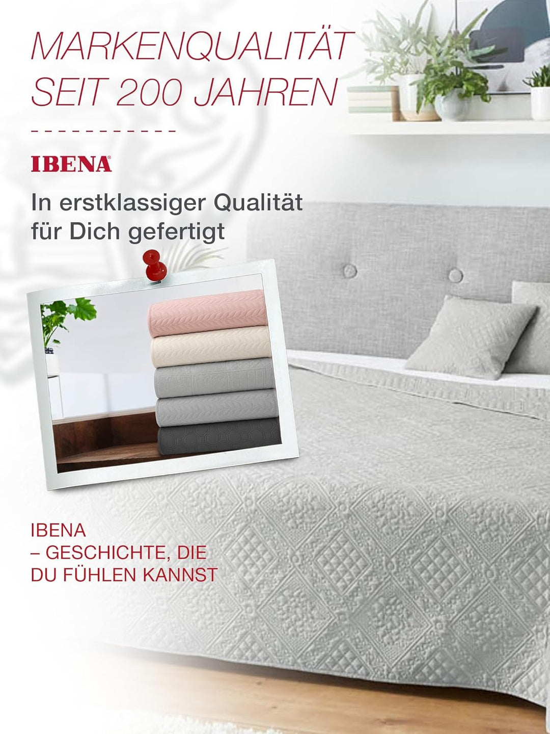 Ibena Nancy Tagesdecke 220x250 cm - modernes Muster, maschinenwaschbar, einfarbiger Bettüberwurf hel