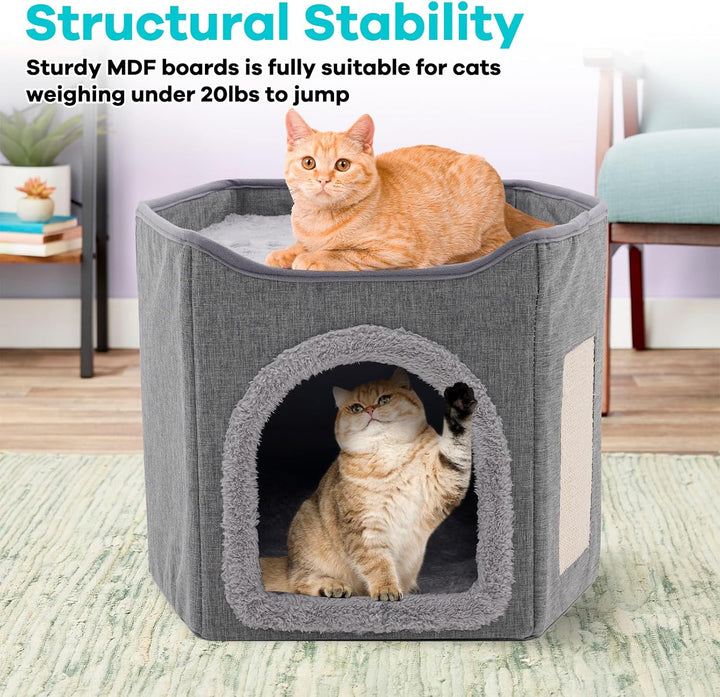 Faltbares Katzenhaus Indoor grosse Katzen, Grosse Katzenhöhle mit Kratzbrett, 2 Schicht Katzenbetten