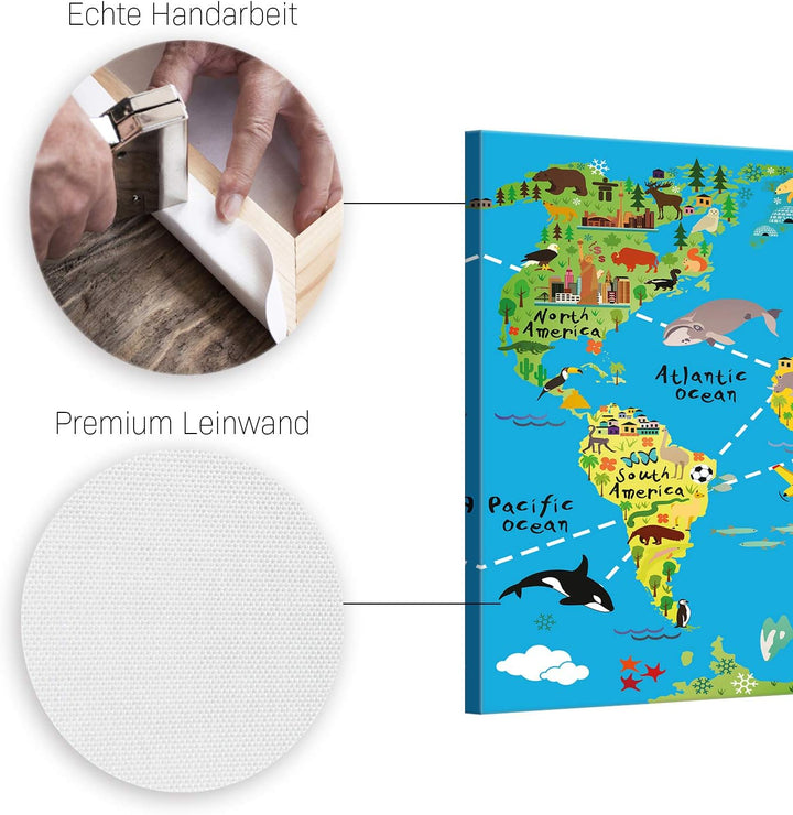 ge Bildet Bild auf Leinwand | Weltkarte für Kinder - Hellblau in 100x70 cm als Wandbild | Wand-deko