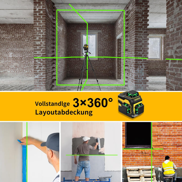 Kreuzlinienlaser mit Stativ,3 x 360°Laser Wasserwaage Selbstnivellierend,Linienlaser mit Teleskopsta
