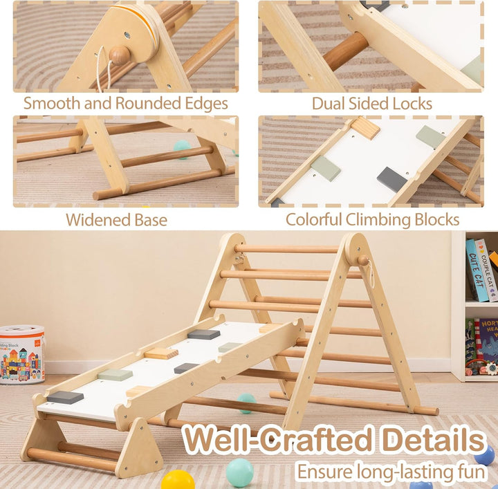 HOMASIS 3 in 1 Kletterdreieck mit Kletterleiter & Wippe, Holz Klettergerüst Indoor mit doppelseitige