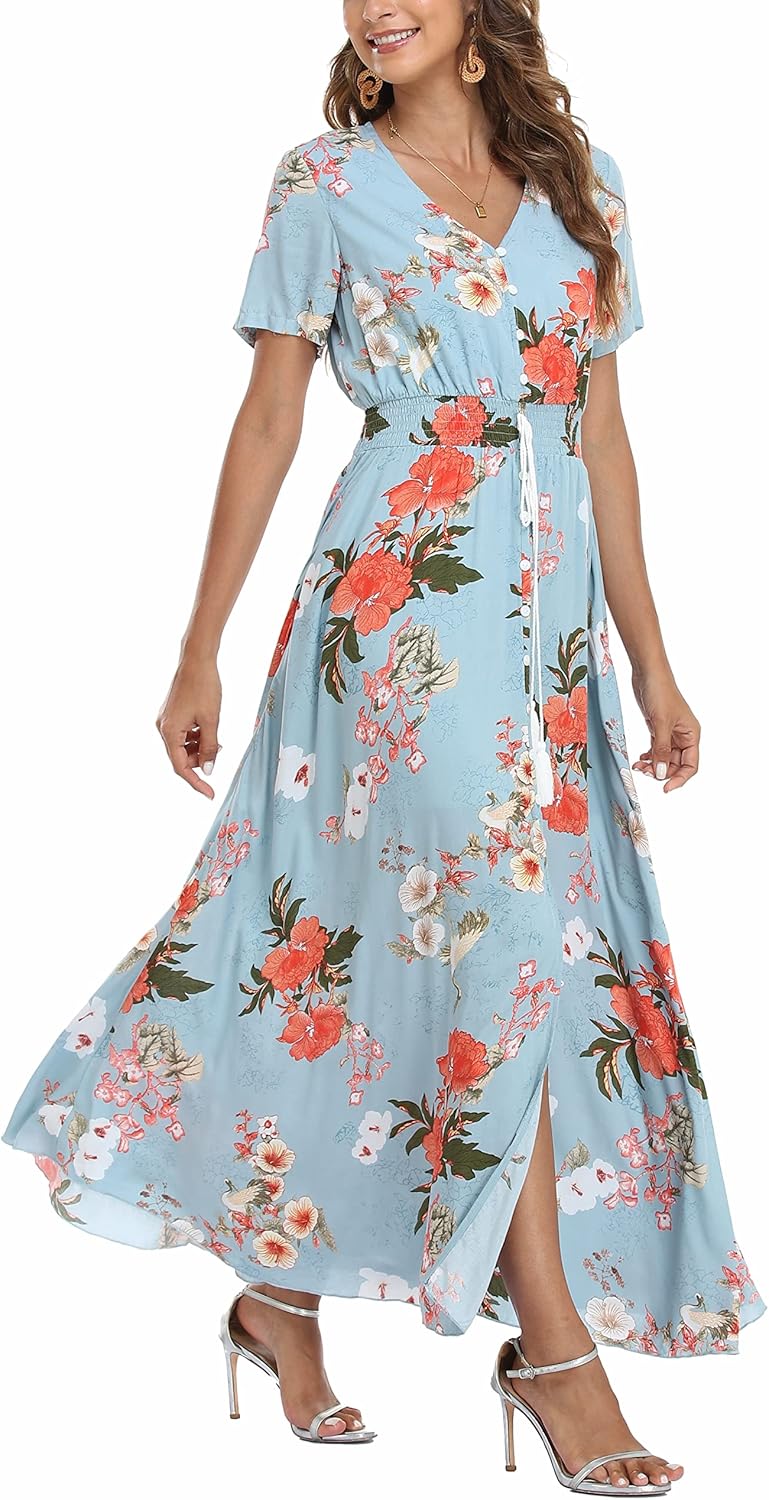 VOGMATE Damen Lange Split Knopf Up Sommer Maxikleid Floral Strandwear Holidy Kleid Hohe Taille mit k