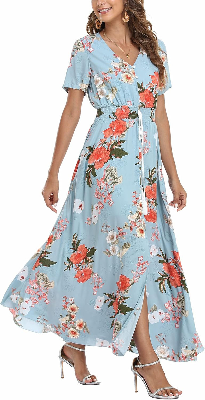 VOGMATE Damen Lange Split Knopf Up Sommer Maxikleid Floral Strandwear Holidy Kleid Hohe Taille mit k
