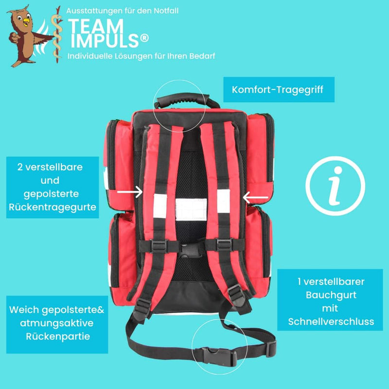 Team Impuls - Notfallrucksack - rot - Nylon - LEER - mit 4 Aussentaschen - Gr. L