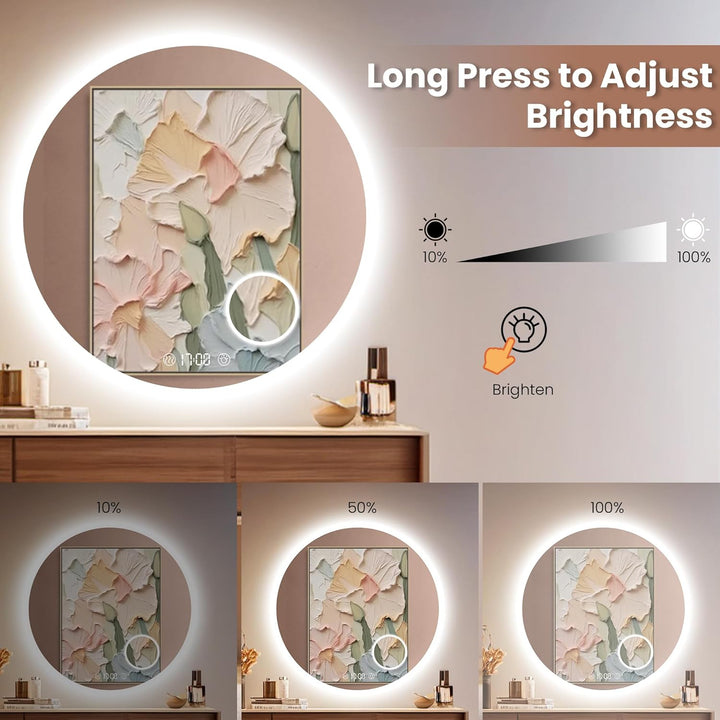 Habison Rund LED Badspiegel mit Beleuchtung 70 x 70cm LED Badezimmerspiegel Wandspiegel mit Uhrzeit