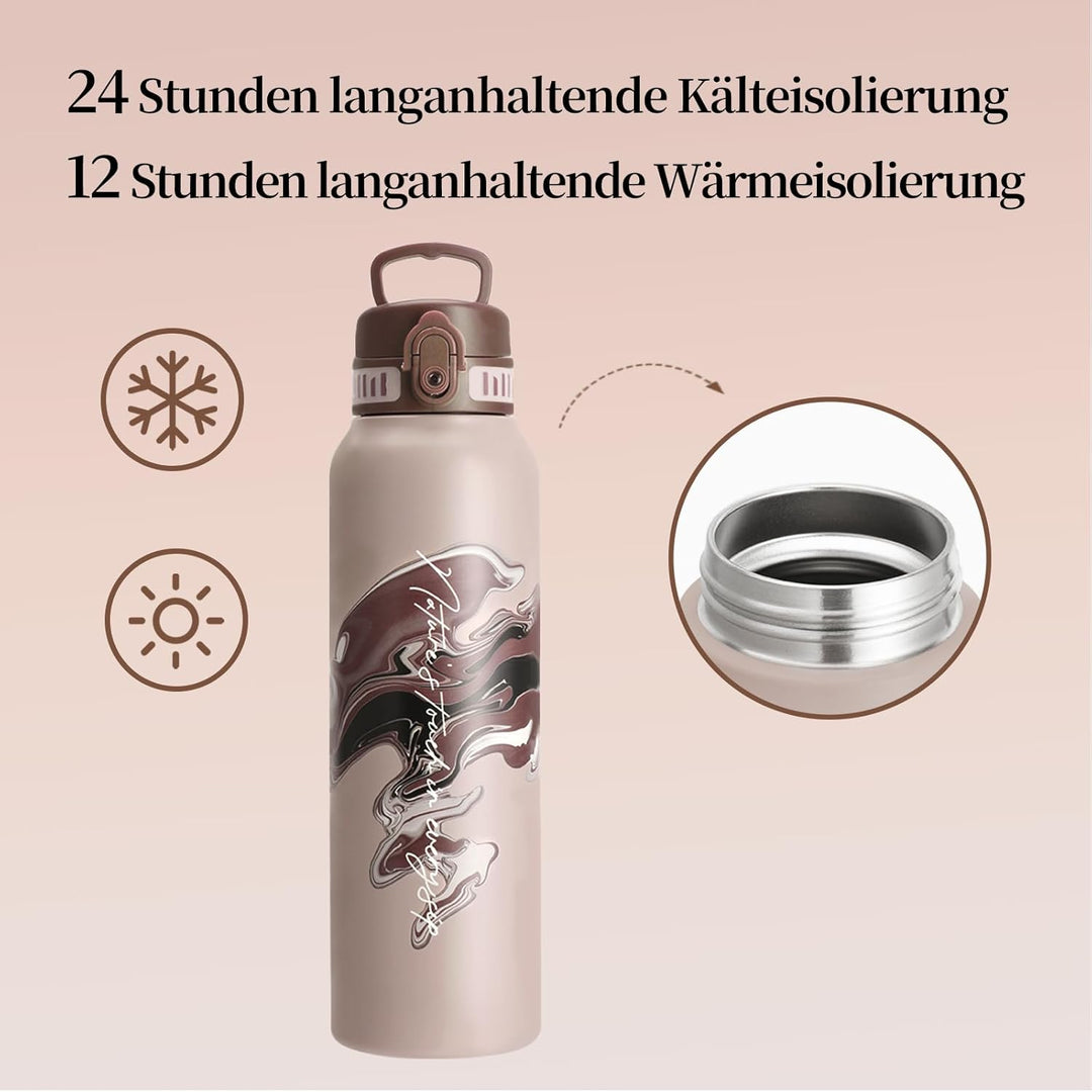 UZSPACE Edelstahl Trinkflasche 1l (970ml), Isolierte Thermosflasche mit 1-Klick-Öffnung, 100% Auslau