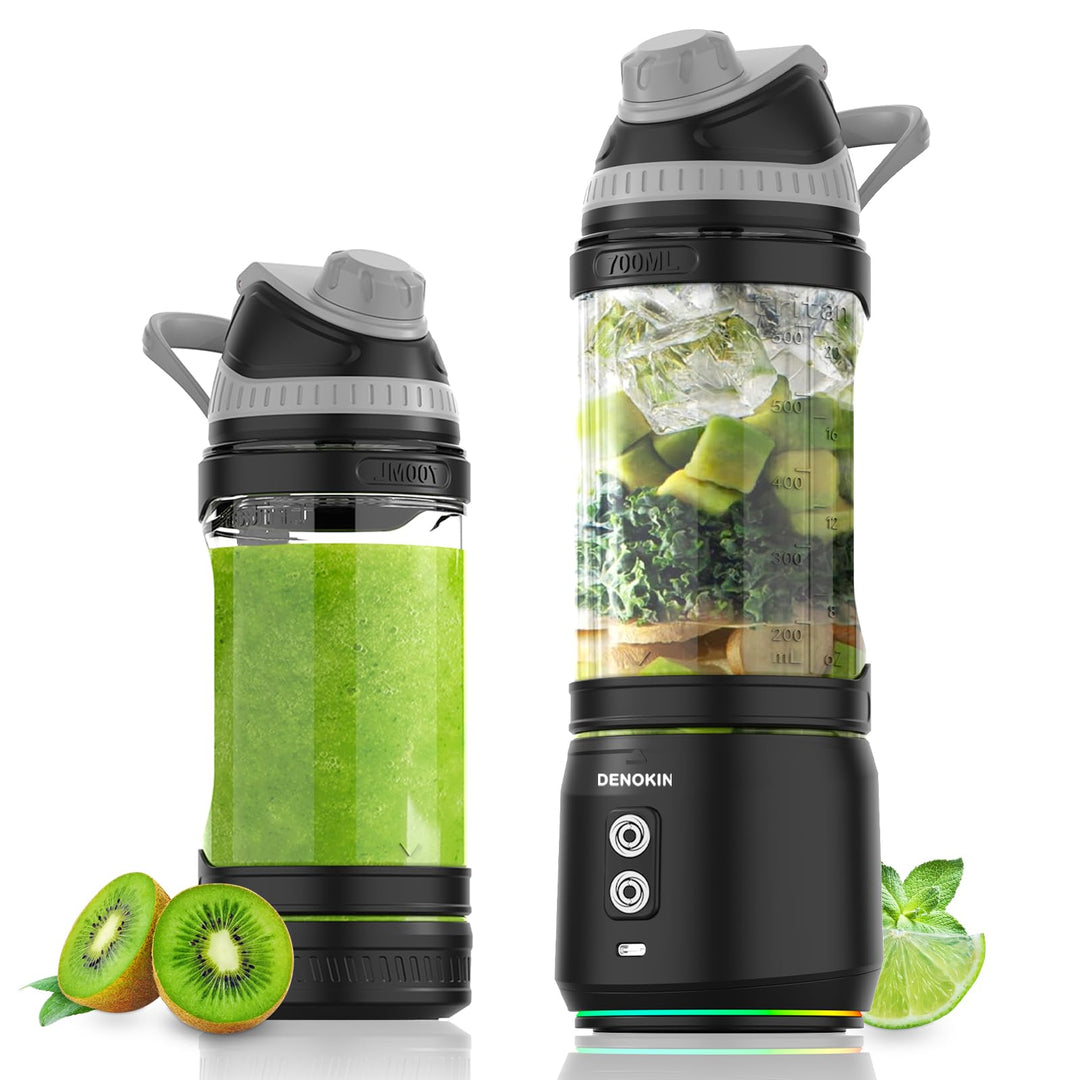 DENOKIN Tragbarer Mixer, 700ml Smoothie Maker to Go, Mini-Standmixer mit 6-Klingen Edelstahl, Wieder