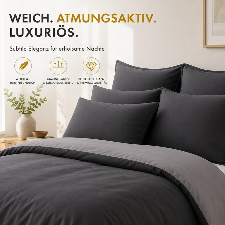 Sleeptime 100% Baumwolle Bettwäsche 155cm x 220cm 4teilig Grau/Anthrazit - weich &amp; bügelfrei Bettbez