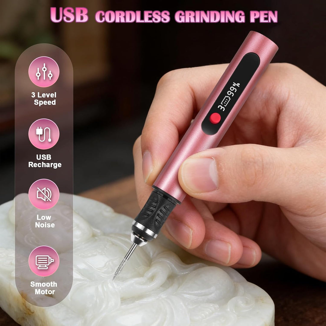 Kabellos USB Wiederaufladierbar Gravierstift mit 30 Schleifköpfen, Elektrischer Nagelfile mit 3-Gang