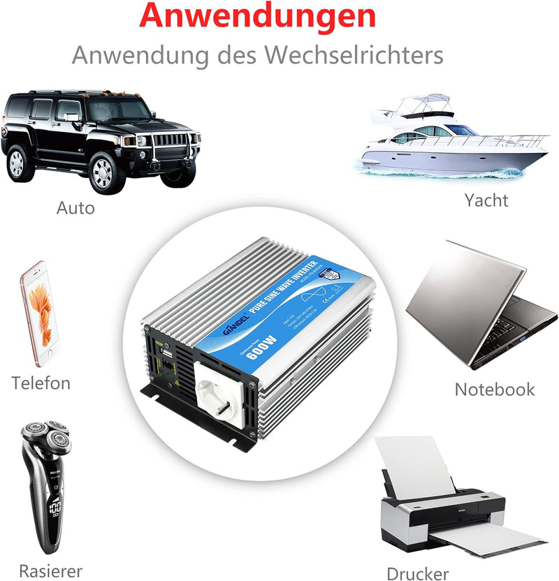 600W Wechselrichter Reiner Sinus Spannungswandler 12V auf 230V Power Inverter mit Fernbedienung und